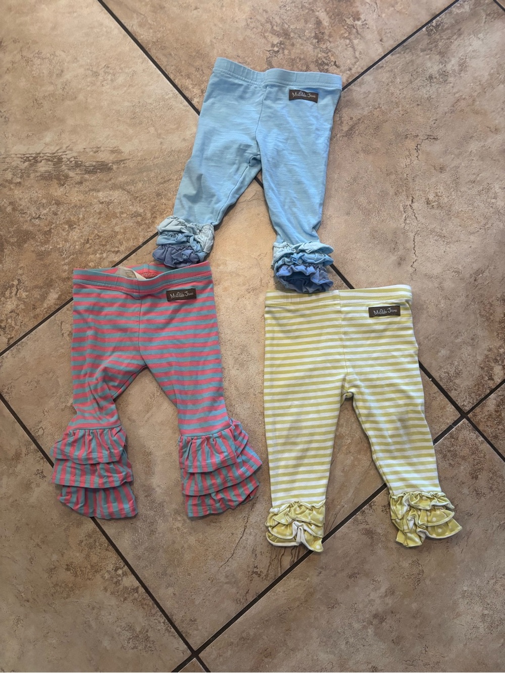 Matilda Jane Trio of Ruffle Hem Capri Leggings - Light Blue, Pink, Yellow
